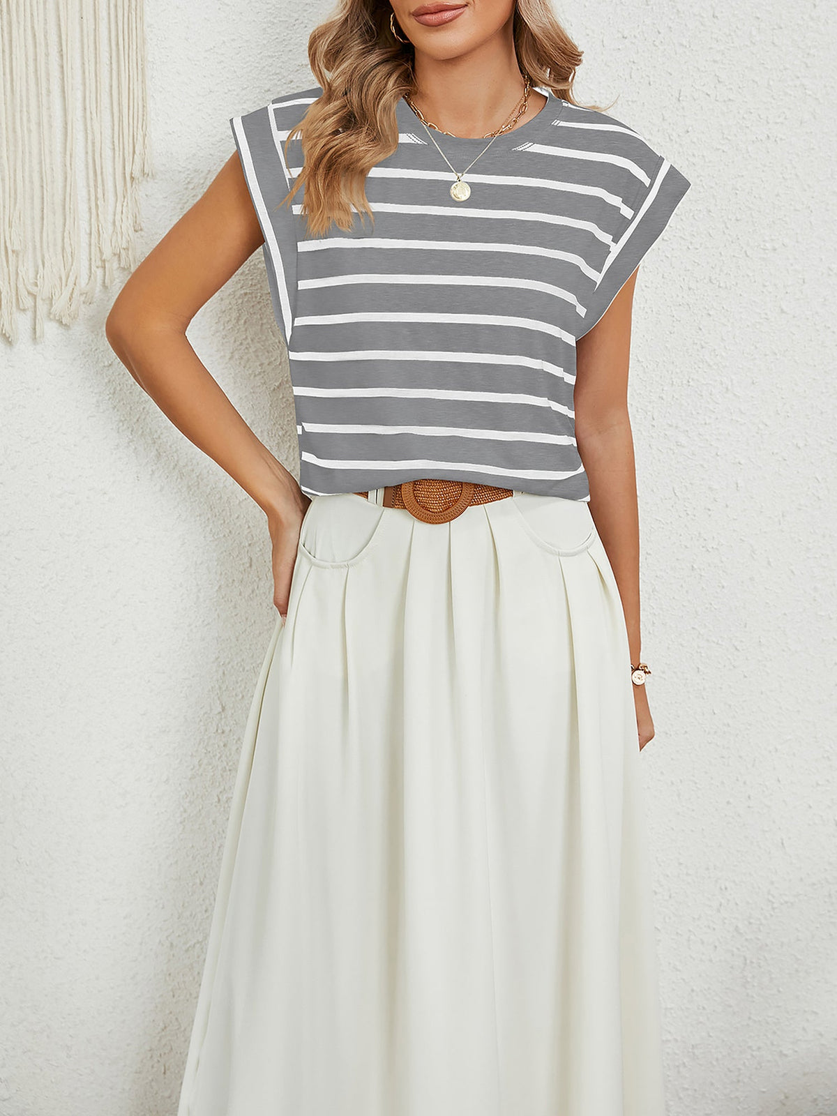 Round Neck Cap Sleeves Striped Casual Blouse