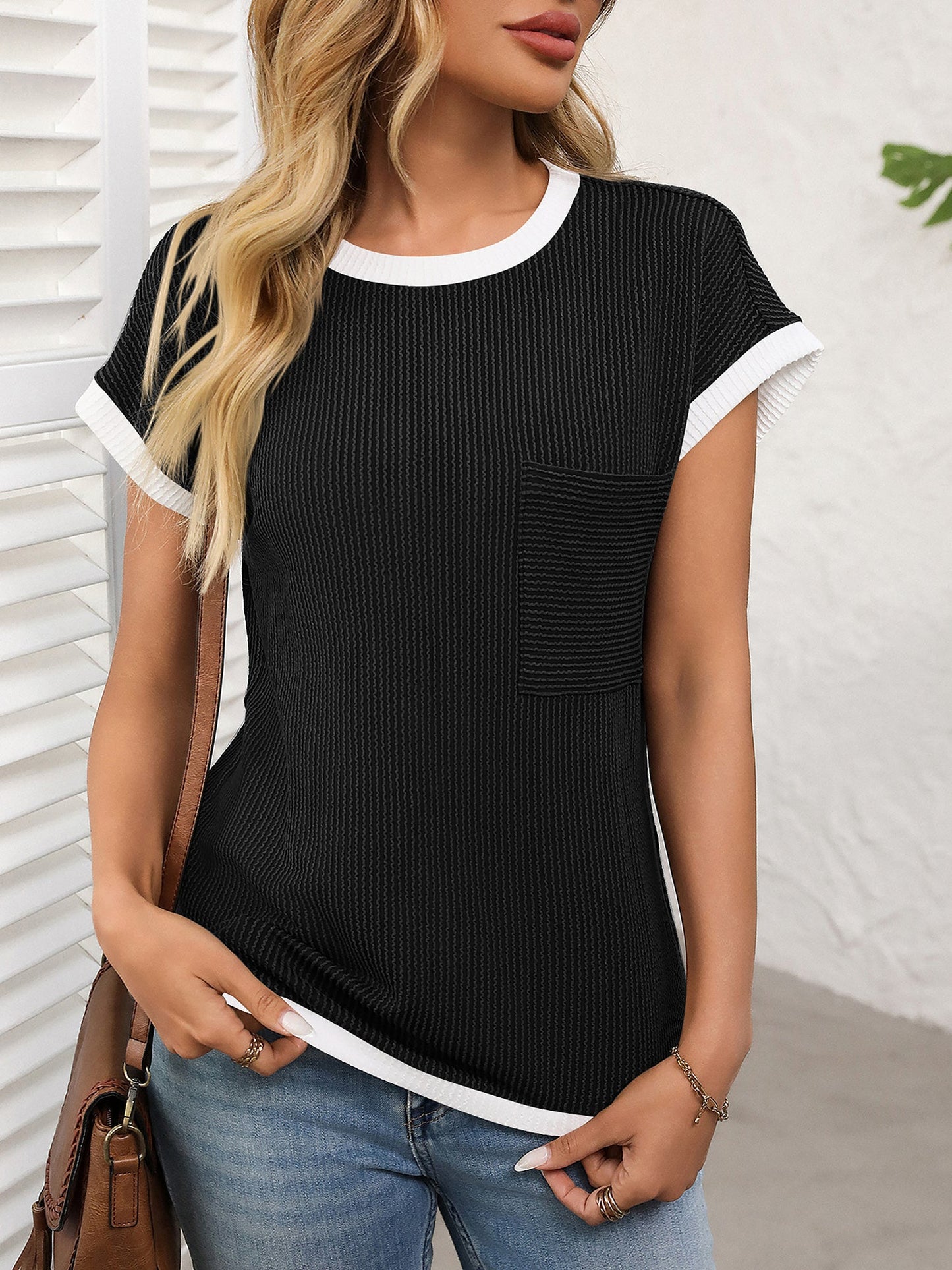 Round Neck Short Sleeves Colorblock Textured Blouse
