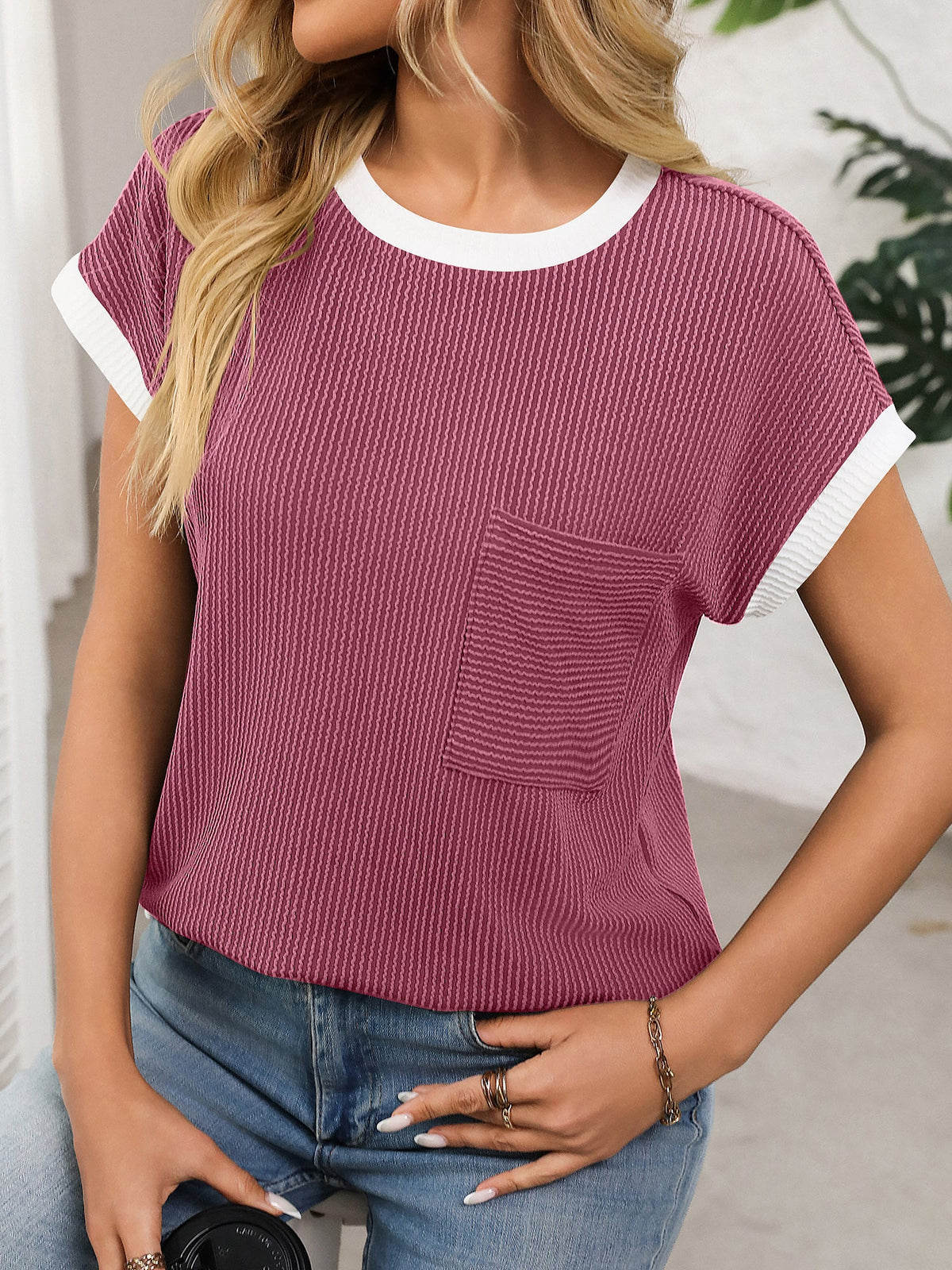 Round Neck Short Sleeves Colorblock Textured Blouse