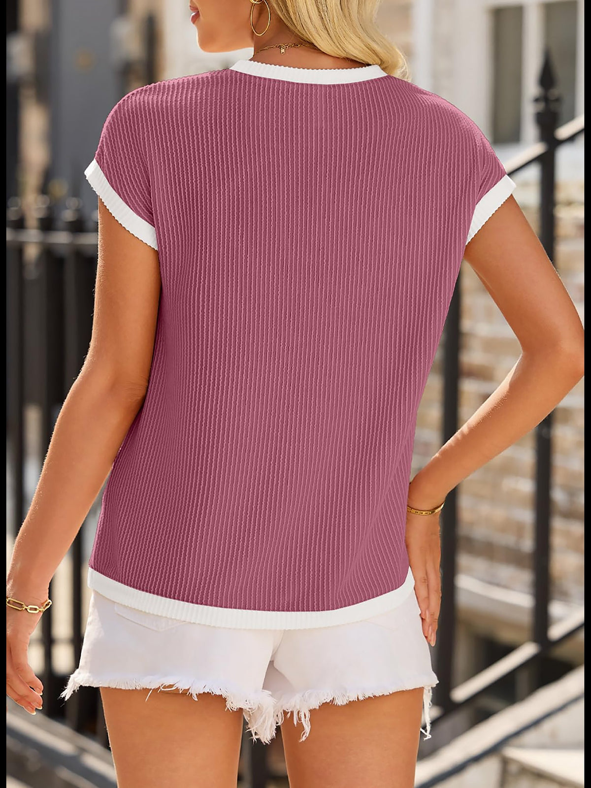 Round Neck Short Sleeves Colorblock Textured Blouse