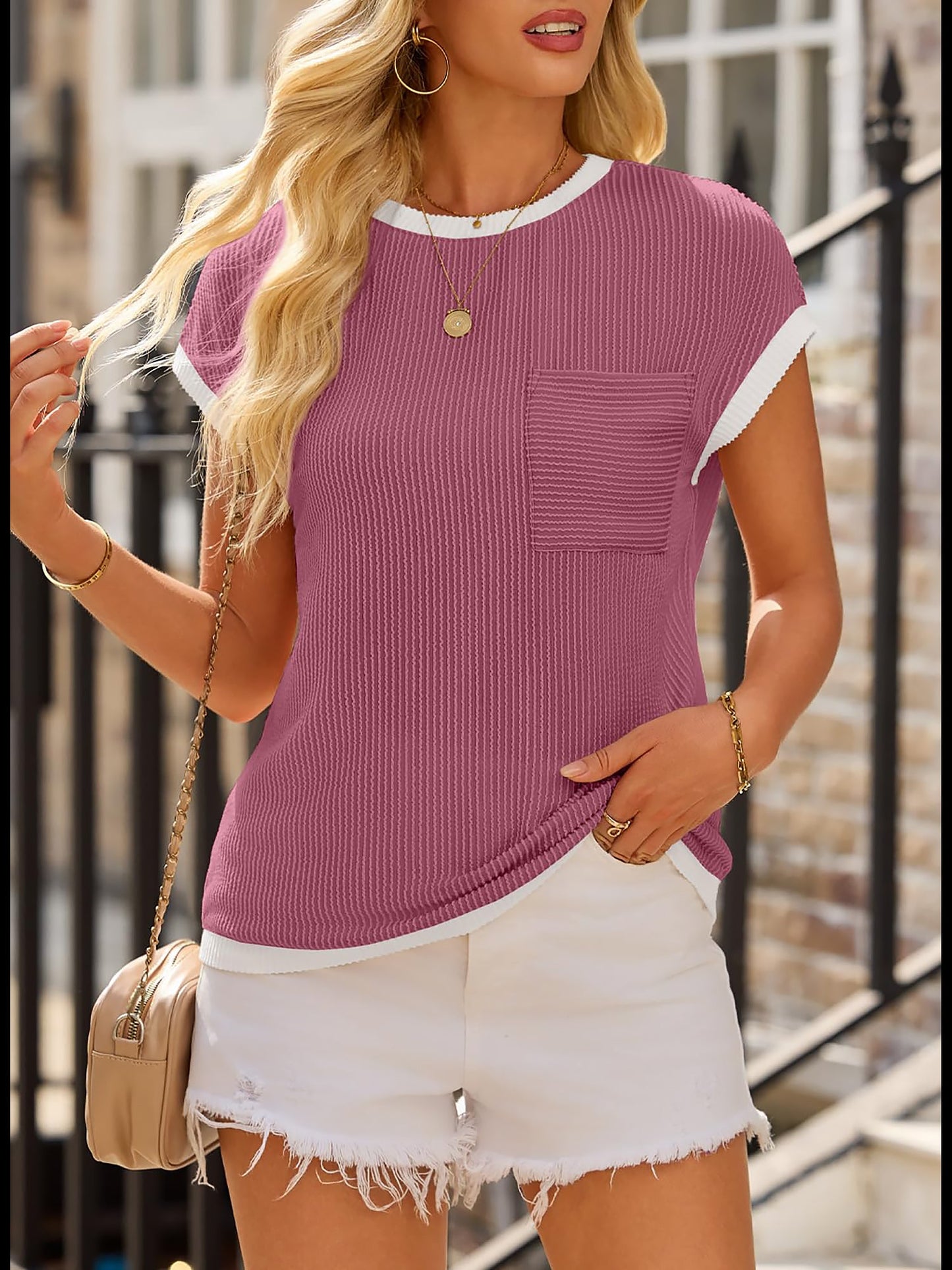 Round Neck Short Sleeves Colorblock Textured Blouse