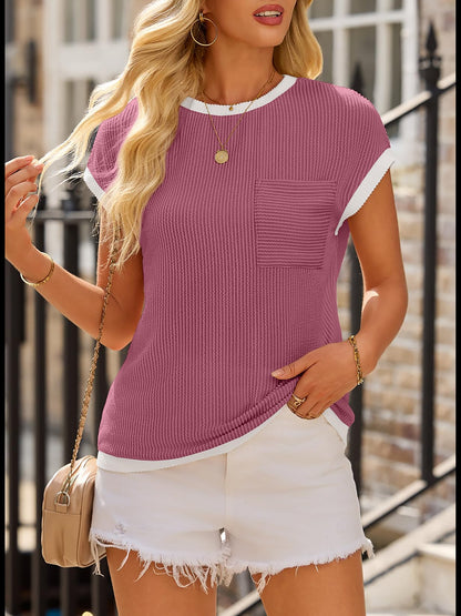 Round Neck Short Sleeves Colorblock Textured Blouse