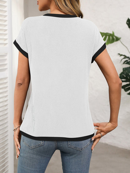 Round Neck Short Sleeves Colorblock Textured Blouse