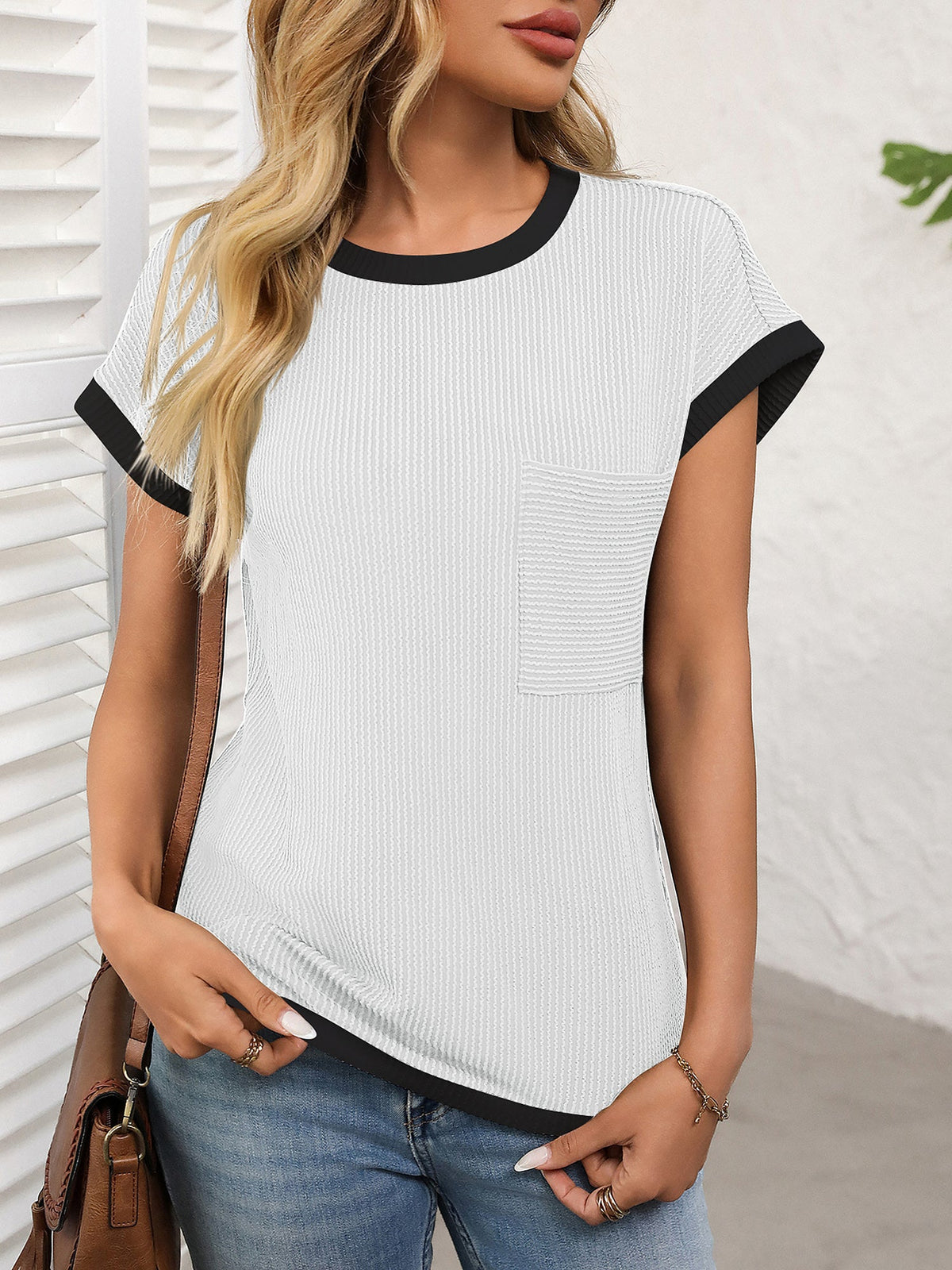 Round Neck Short Sleeves Colorblock Textured Blouse