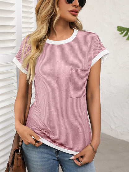 Round Neck Short Sleeves Colorblock Textured Blouse