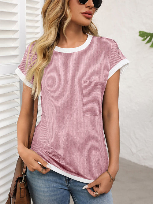 Round Neck Short Sleeves Colorblock Textured Blouse