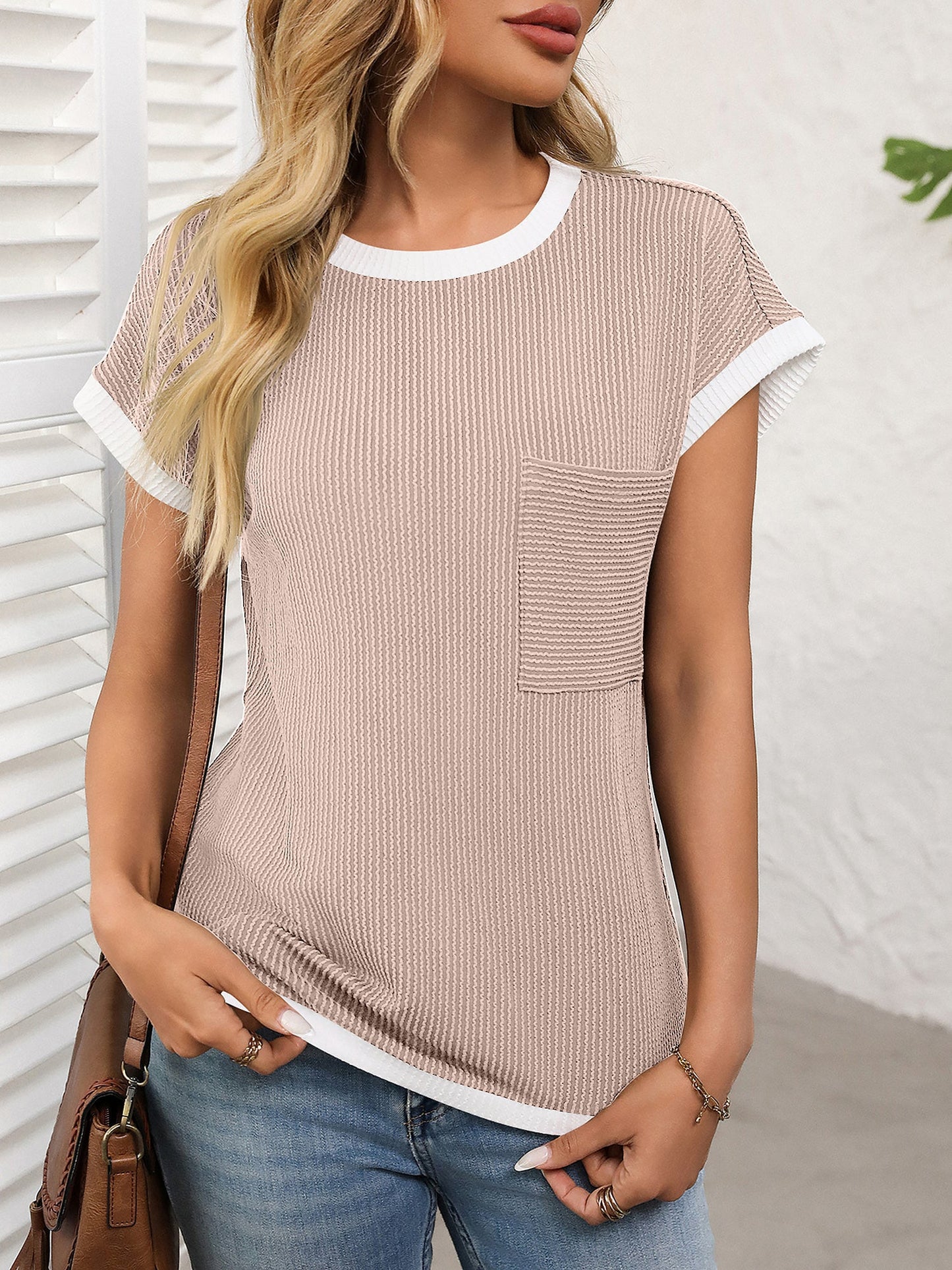 Round Neck Short Sleeves Colorblock Textured Blouse