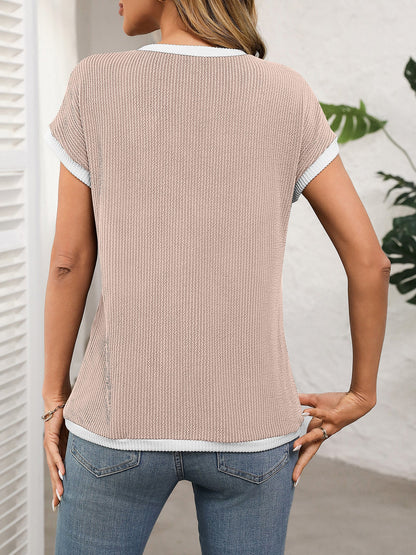 Round Neck Short Sleeves Colorblock Textured Blouse