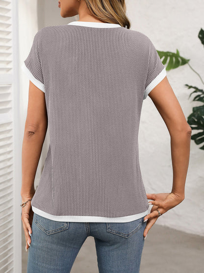 Round Neck Short Sleeves Colorblock Textured Blouse