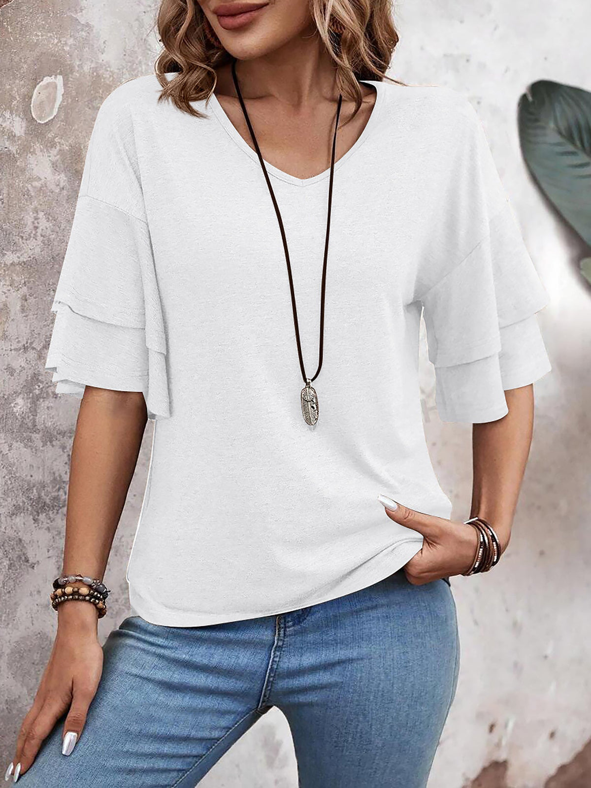 Solid Color V Neck Layered Sleeve Casual Blouse