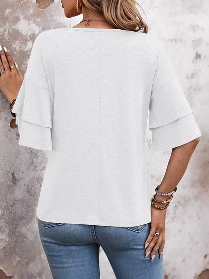 Solid Color V Neck Layered Sleeve Casual Blouse