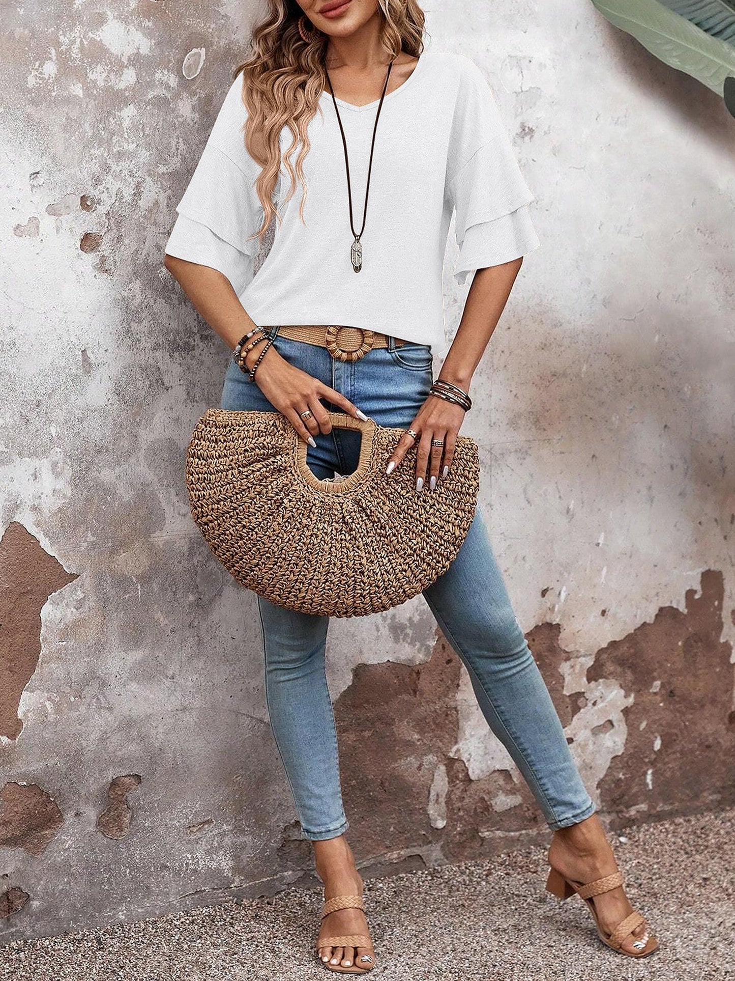 Solid Color V Neck Layered Sleeve Casual Blouse