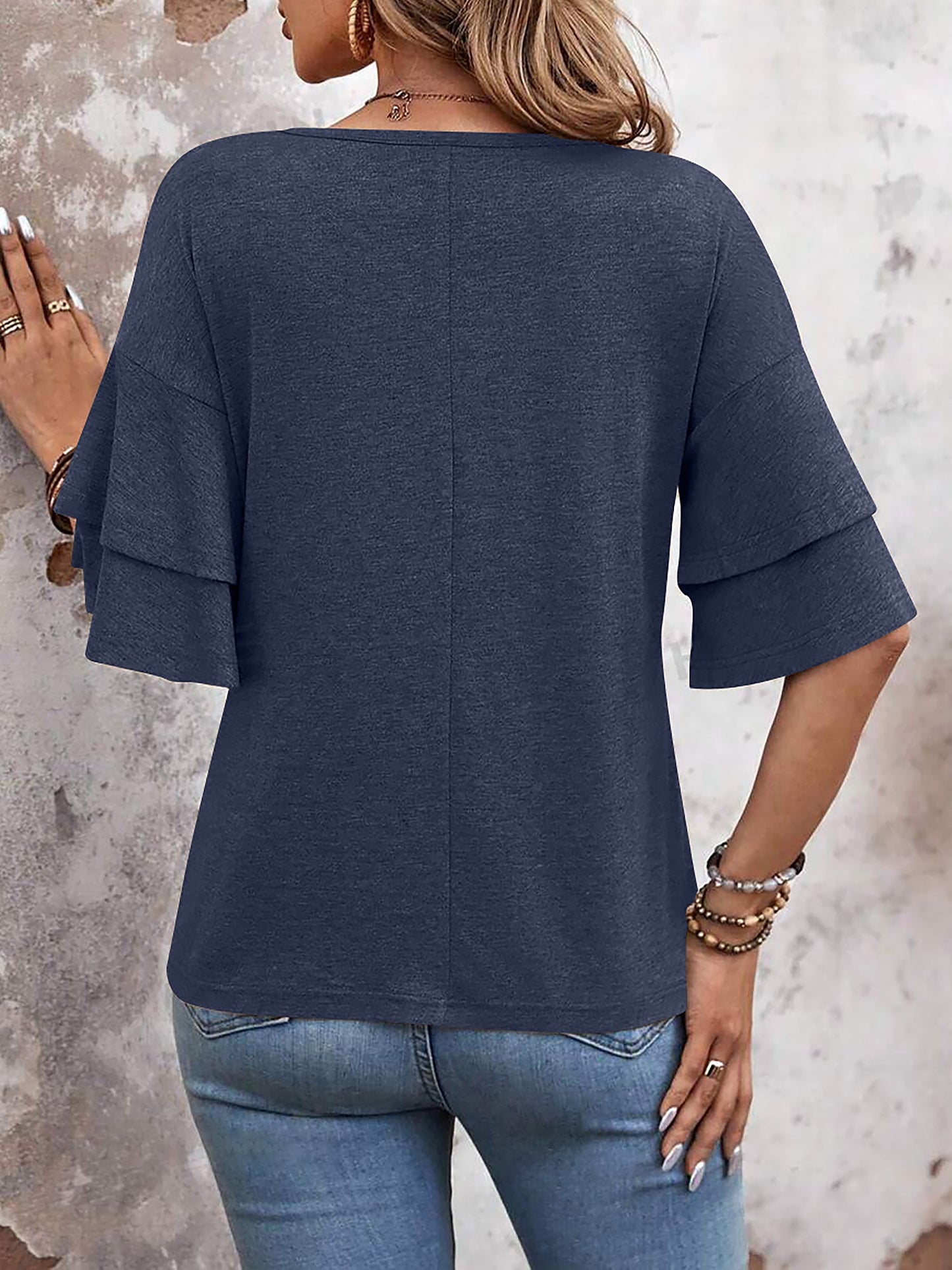 Solid Color V Neck Layered Sleeve Casual Blouse