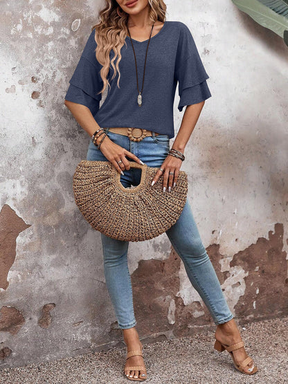 Solid Color V Neck Layered Sleeve Casual Blouse