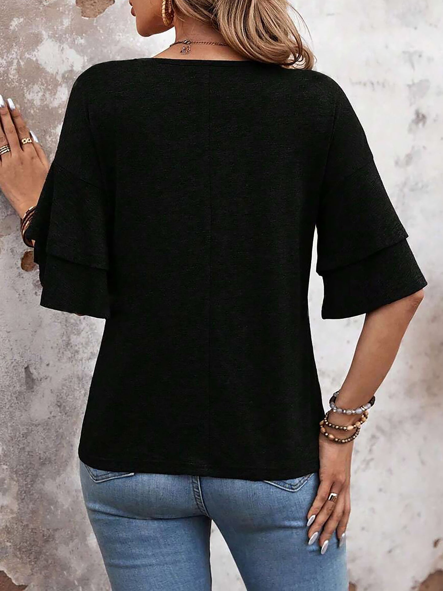 Solid Color V Neck Layered Sleeve Casual Blouse