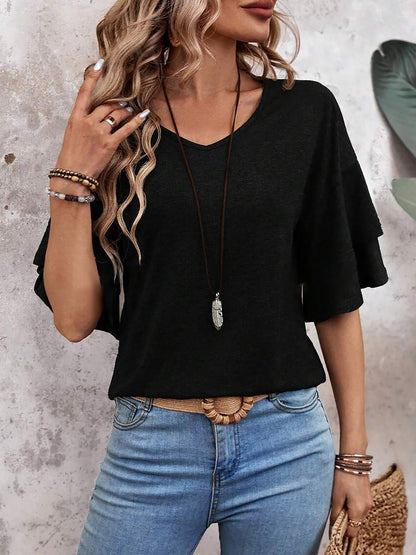 Solid Color V Neck Layered Sleeve Casual Blouse