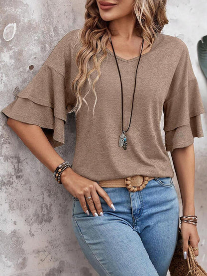 Solid Color V Neck Layered Sleeve Casual Blouse