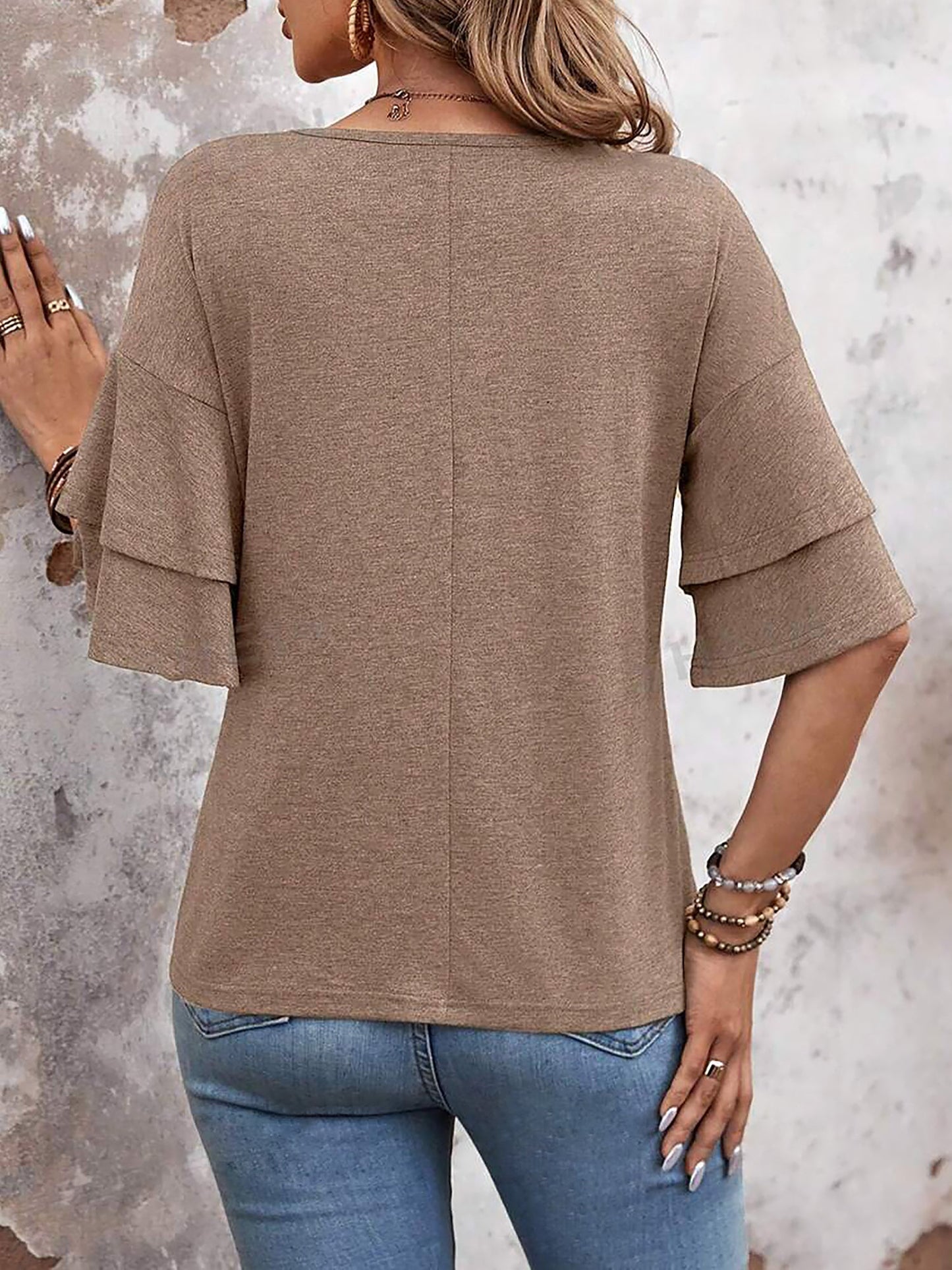 Solid Color V Neck Layered Sleeve Casual Blouse