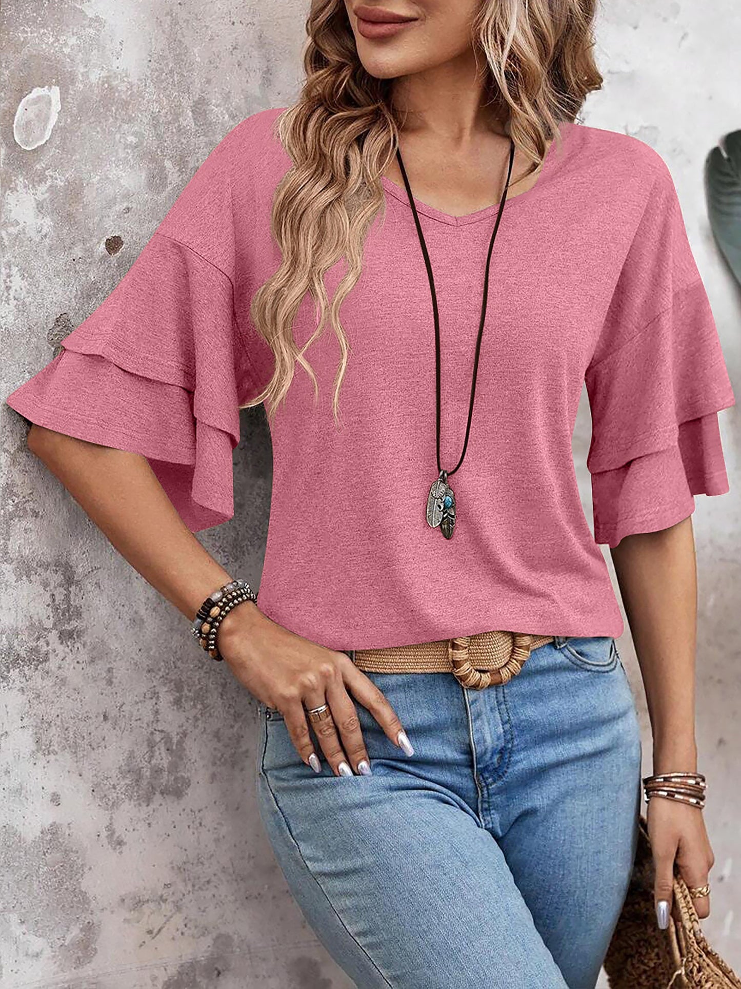 Solid Color V Neck Layered Sleeve Casual Blouse