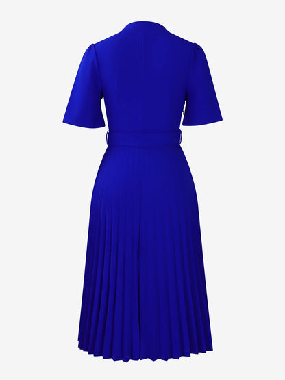 Short Sleeve Belted Pleated Work Midi Dress Professional Office Style Cinched Waist and Flared Pleats