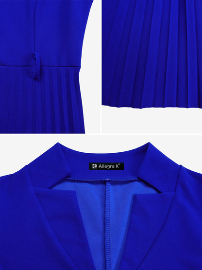 Short Sleeve Belted Pleated Work Midi Dress Professional Office Style Cinched Waist and Flared Pleats
