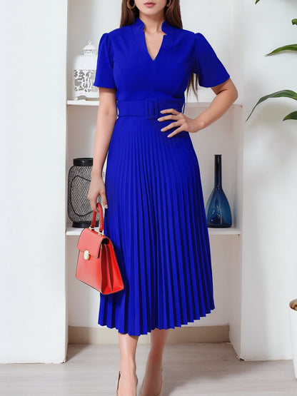 Short Sleeve Belted Pleated Work Midi Dress Professional Office Style Cinched Waist and Flared Pleats
