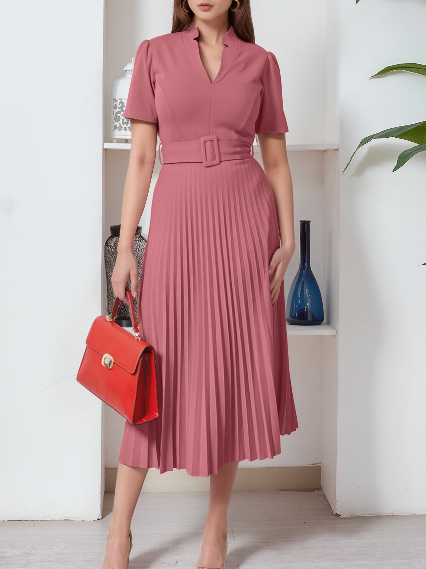 Short Sleeve Belted Pleated Work Midi Dress Professional Office Style Cinched Waist and Flared Pleats