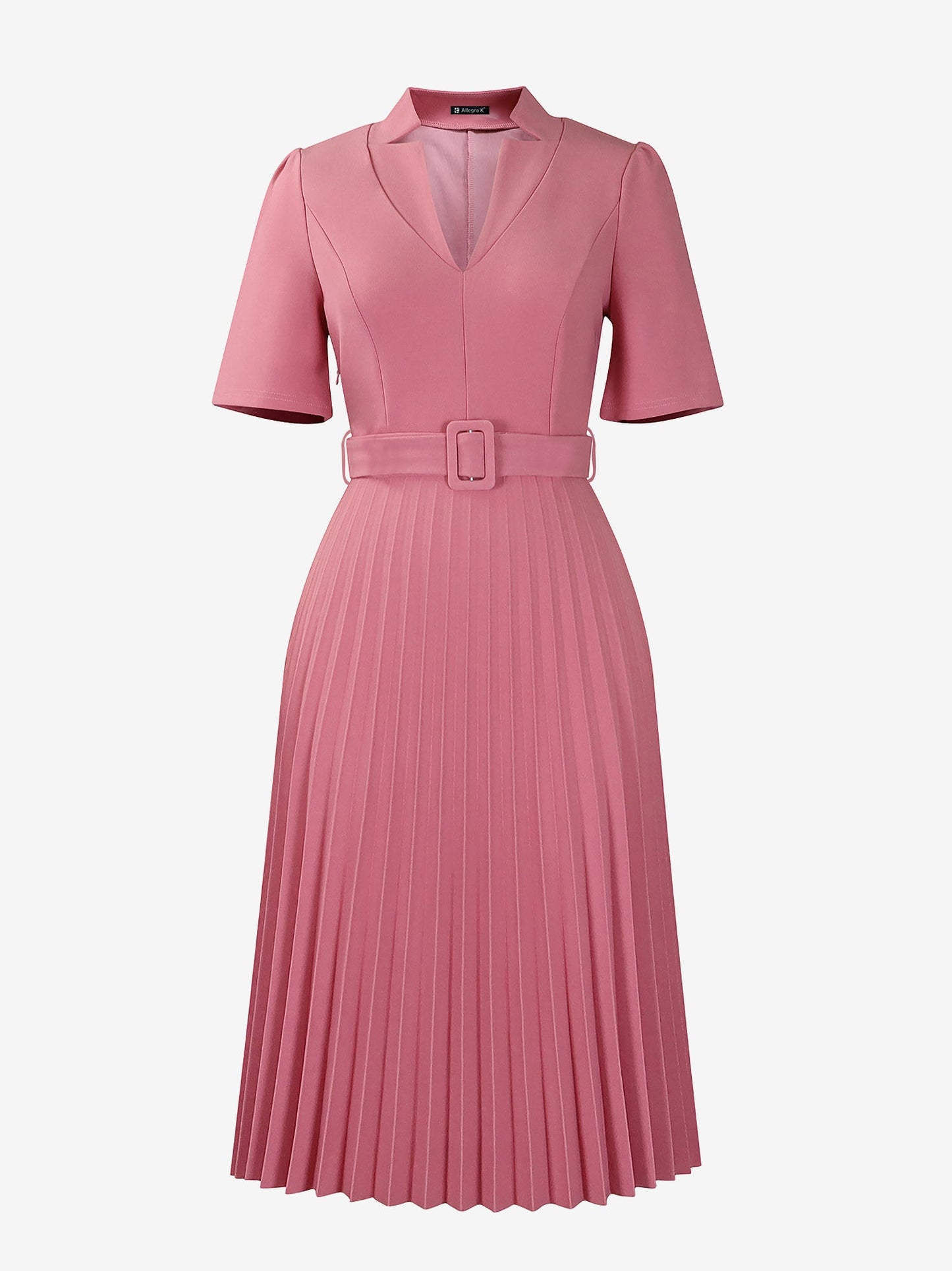 Short Sleeve Belted Pleated Work Midi Dress Professional Office Style Cinched Waist and Flared Pleats