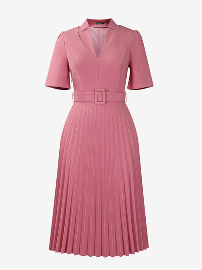 Short Sleeve Belted Pleated Work Midi Dress Professional Office Style Cinched Waist and Flared Pleats