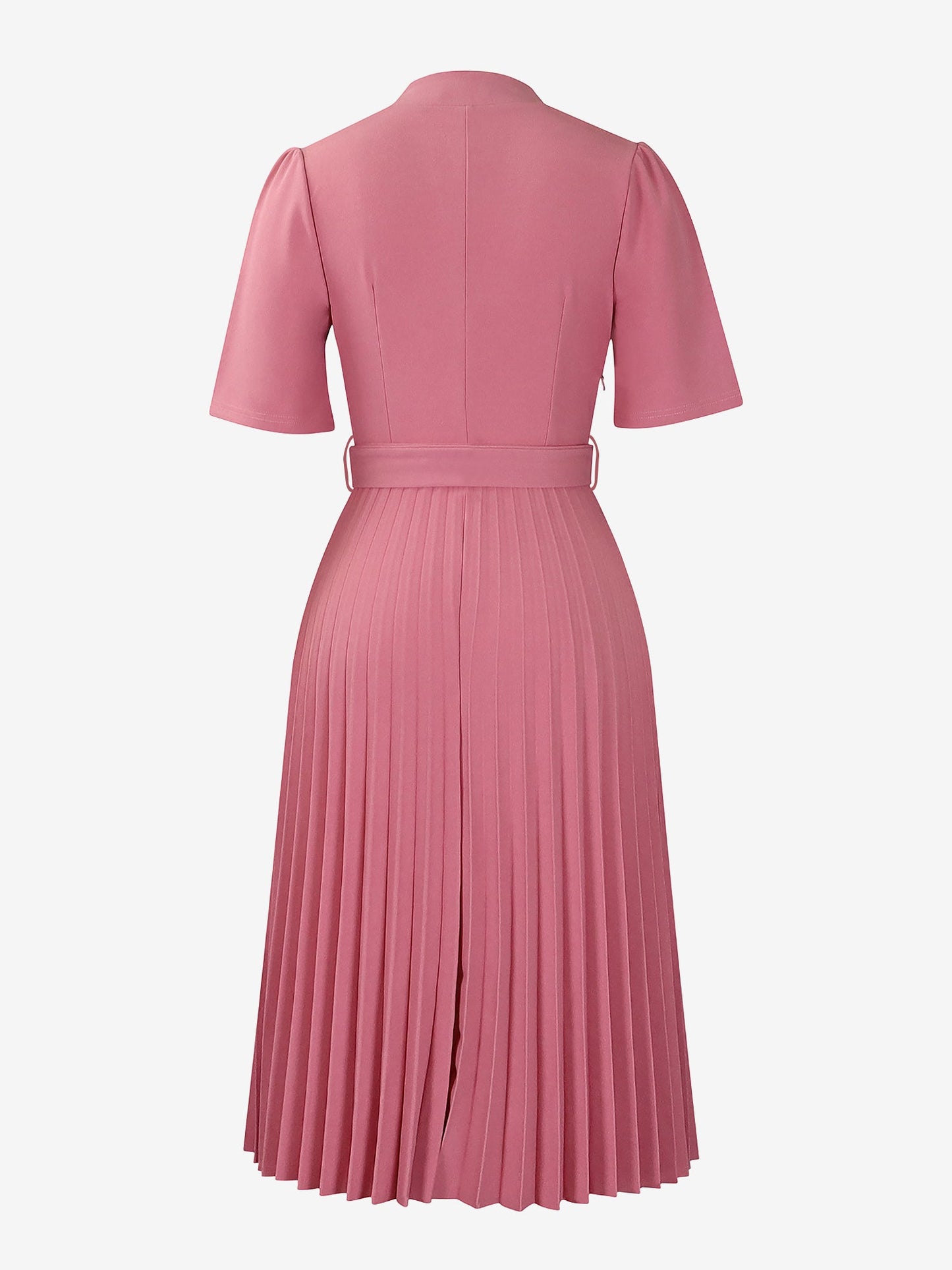 Short Sleeve Belted Pleated Work Midi Dress Professional Office Style Cinched Waist and Flared Pleats