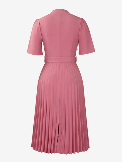 Short Sleeve Belted Pleated Work Midi Dress Professional Office Style Cinched Waist and Flared Pleats