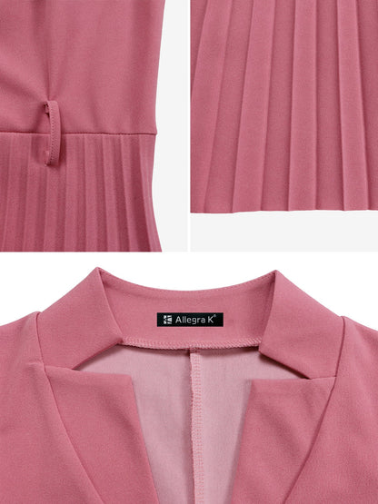 Short Sleeve Belted Pleated Work Midi Dress Professional Office Style Cinched Waist and Flared Pleats