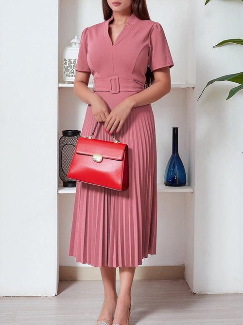 Short Sleeve Belted Pleated Work Midi Dress Professional Office Style Cinched Waist and Flared Pleats