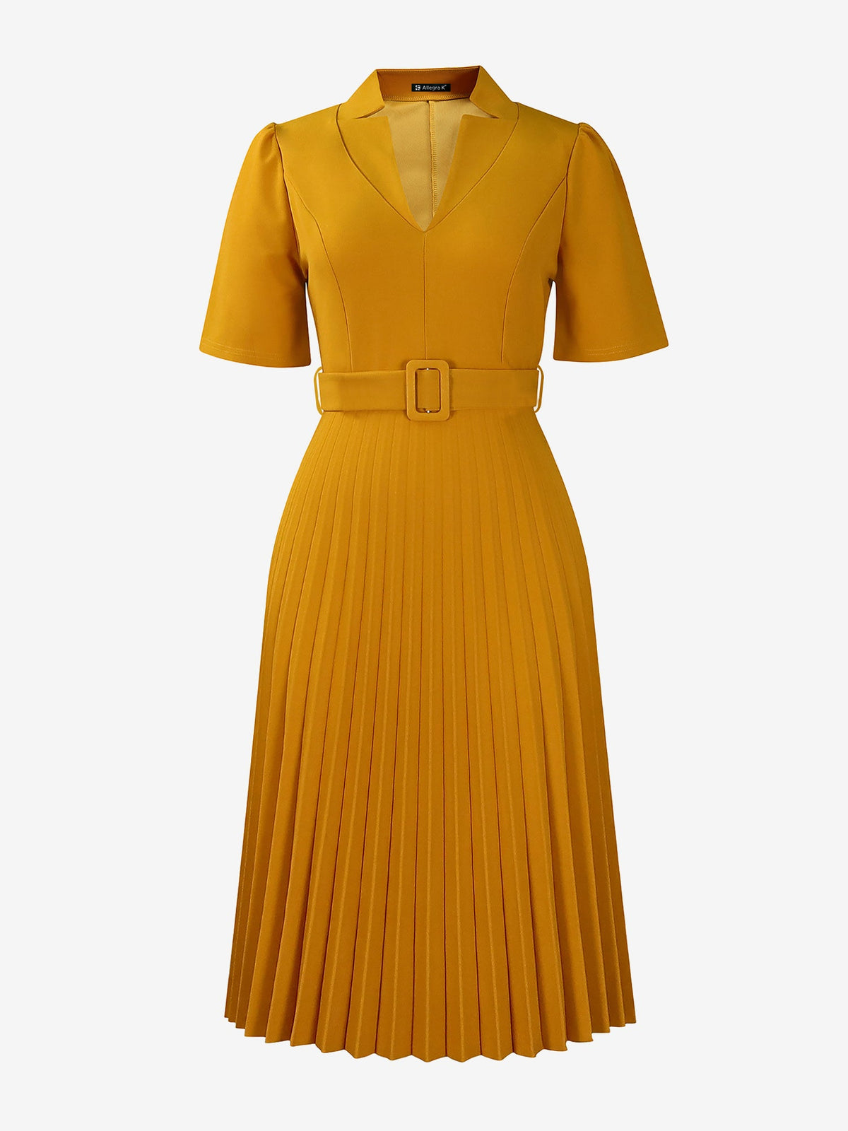 Short Sleeve Belted Pleated Work Midi Dress Professional Office Style Cinched Waist and Flared Pleats