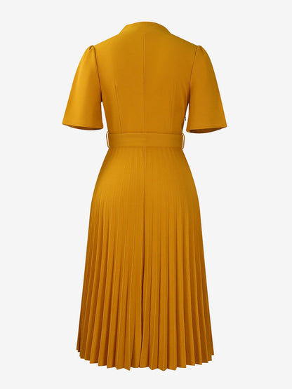 Short Sleeve Belted Pleated Work Midi Dress Professional Office Style Cinched Waist and Flared Pleats