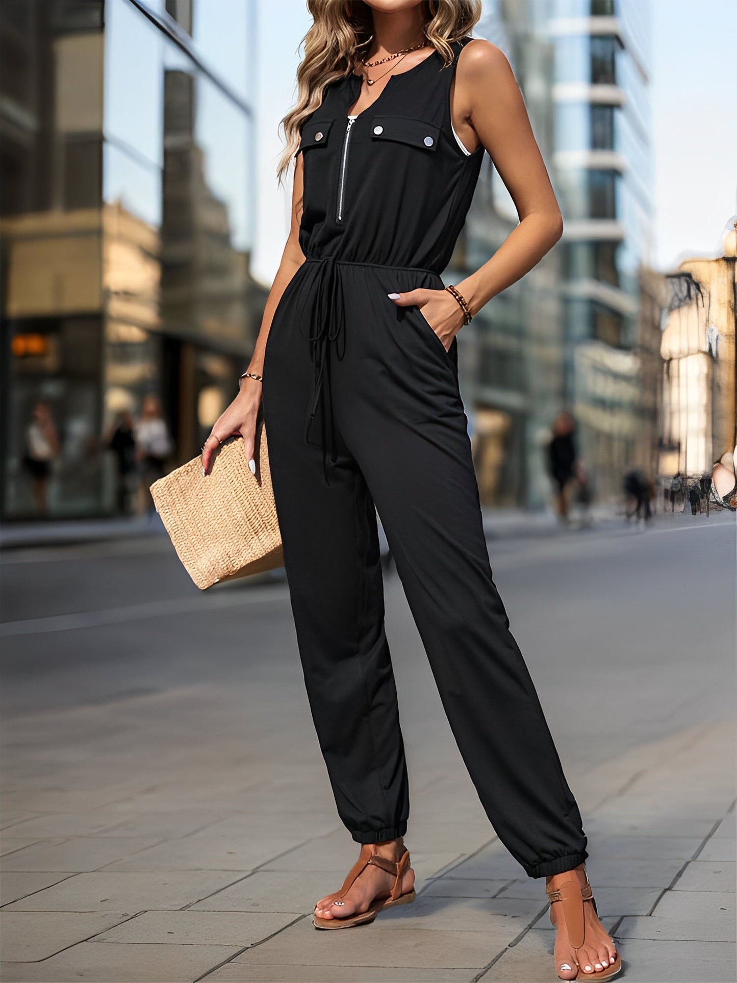 All-in-One with Utility Pockets & Adjustable Waist Sleeveless Zipper Drawstring Waist Pocketed Jumpsuits