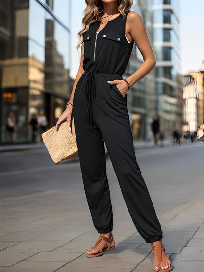 All-in-One with Utility Pockets & Adjustable Waist Sleeveless Zipper Drawstring Waist Pocketed Jumpsuits