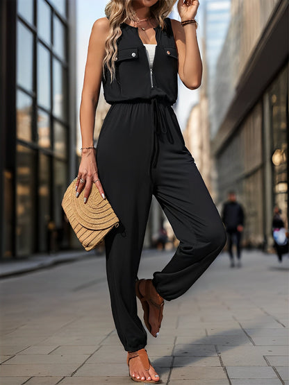 All-in-One with Utility Pockets & Adjustable Waist Sleeveless Zipper Drawstring Waist Pocketed Jumpsuits
