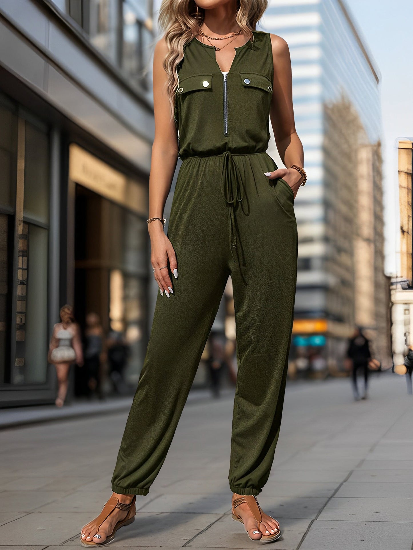 All-in-One with Utility Pockets & Adjustable Waist Sleeveless Zipper Drawstring Waist Pocketed Jumpsuits