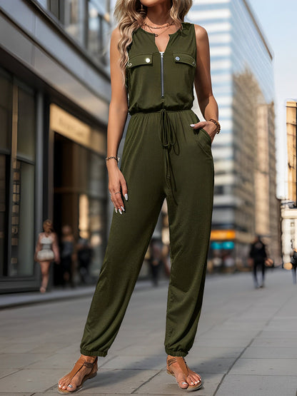 All-in-One with Utility Pockets & Adjustable Waist Sleeveless Zipper Drawstring Waist Pocketed Jumpsuits
