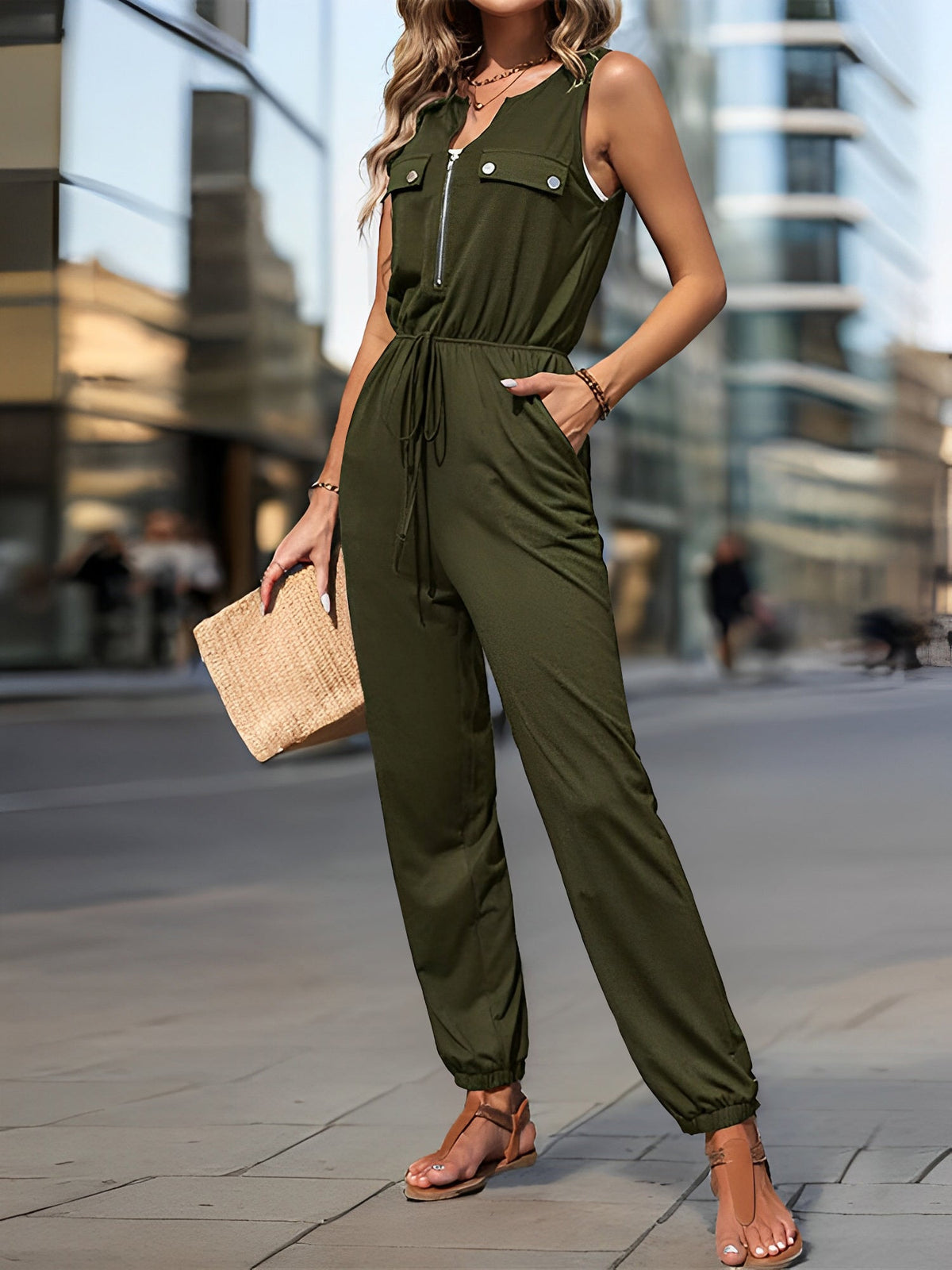 All-in-One with Utility Pockets & Adjustable Waist Sleeveless Zipper Drawstring Waist Pocketed Jumpsuits