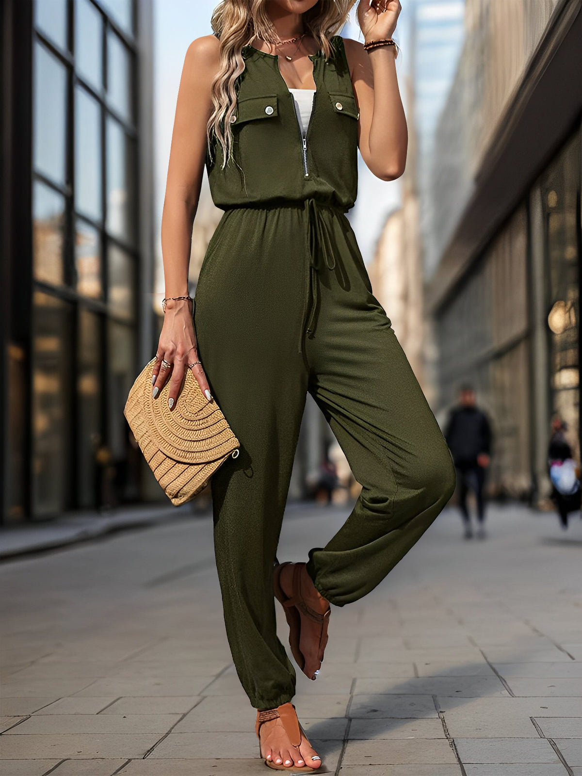 All-in-One with Utility Pockets & Adjustable Waist Sleeveless Zipper Drawstring Waist Pocketed Jumpsuits