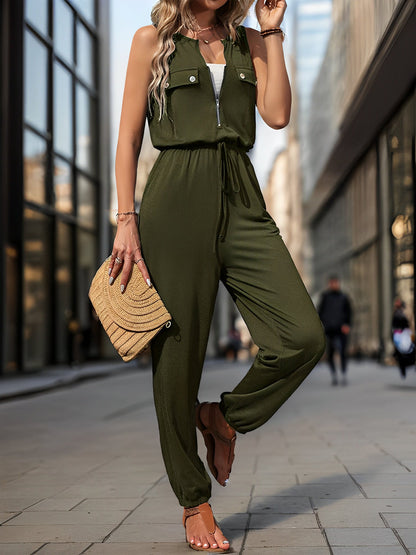 All-in-One with Utility Pockets & Adjustable Waist Sleeveless Zipper Drawstring Waist Pocketed Jumpsuits