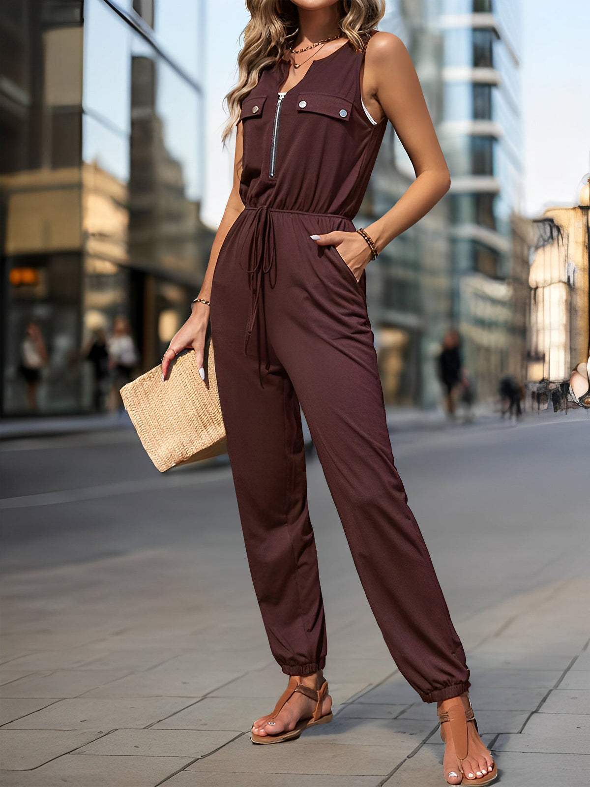 All-in-One with Utility Pockets & Adjustable Waist Sleeveless Zipper Drawstring Waist Pocketed Jumpsuits