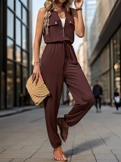 All-in-One with Utility Pockets & Adjustable Waist Sleeveless Zipper Drawstring Waist Pocketed Jumpsuits