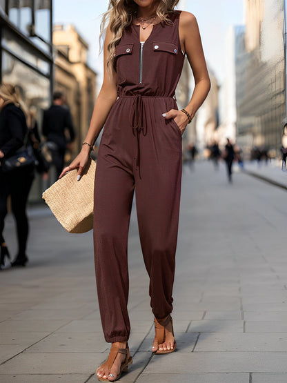 All-in-One with Utility Pockets & Adjustable Waist Sleeveless Zipper Drawstring Waist Pocketed Jumpsuits