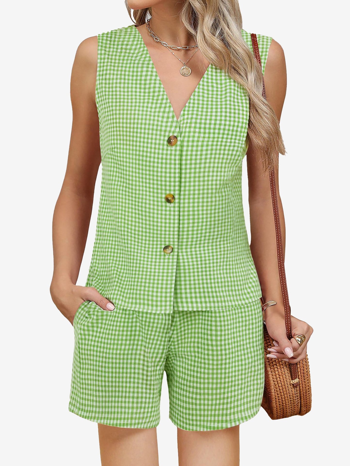 2 Pieces Gingham Sleeveless Button Down Vest & Shorts Set