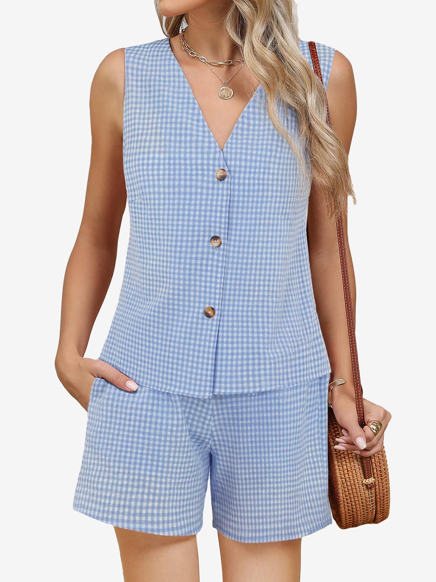 2 Pieces Gingham Sleeveless Button Down Vest & Shorts Set