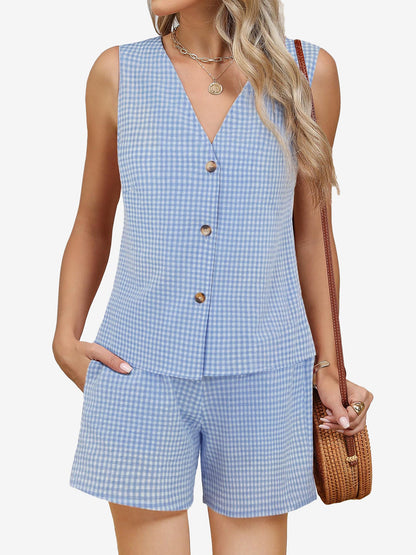 2 Pieces Gingham Sleeveless Button Down Vest & Shorts Set