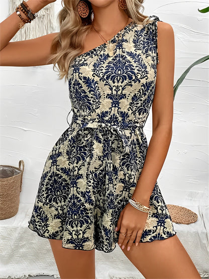 Boho Floral One Shoulder Tie Waist Short Jumpsuits Rompers